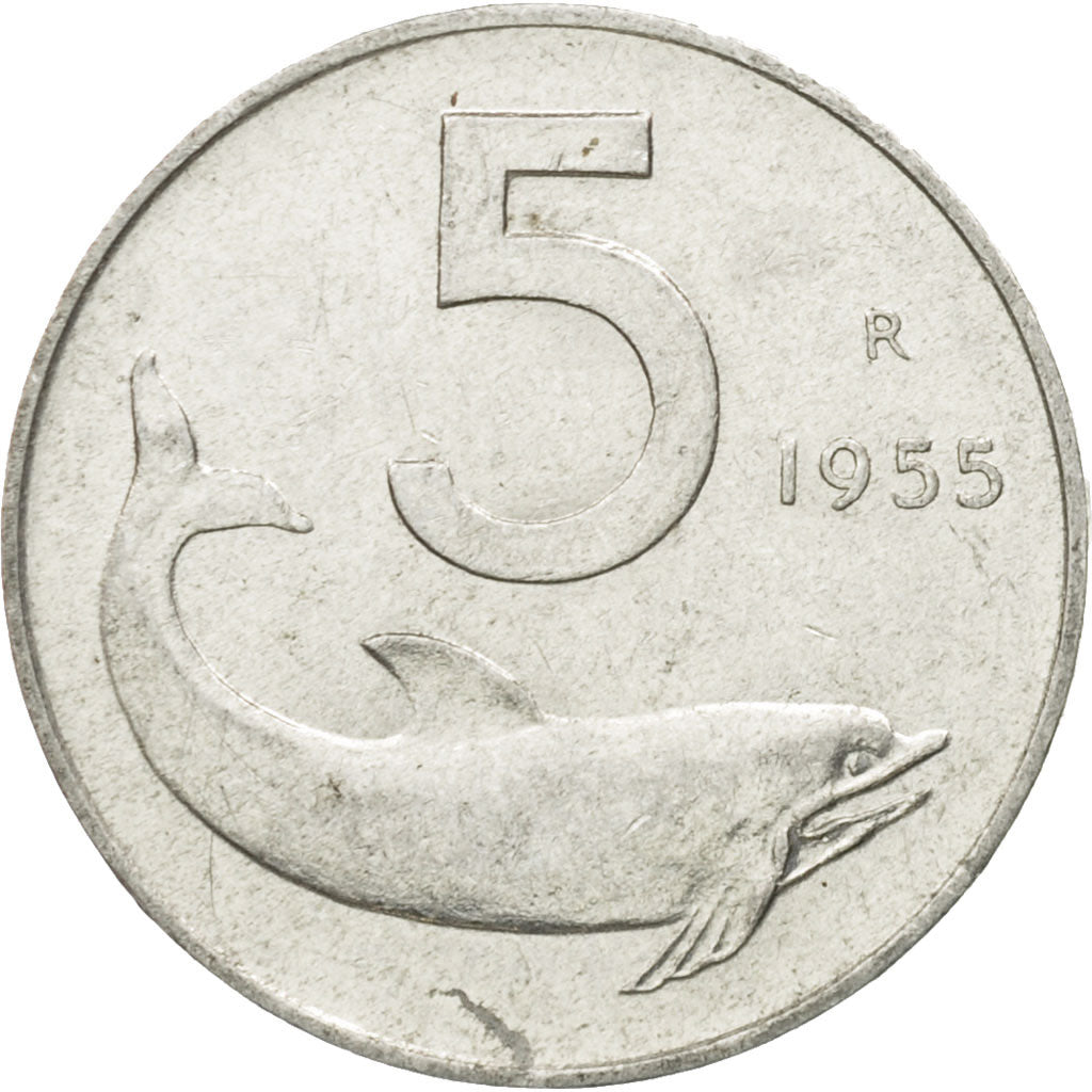 Italy, 5 Lire, 1955, Rome, VF(30-35), Aluminum, KM:92