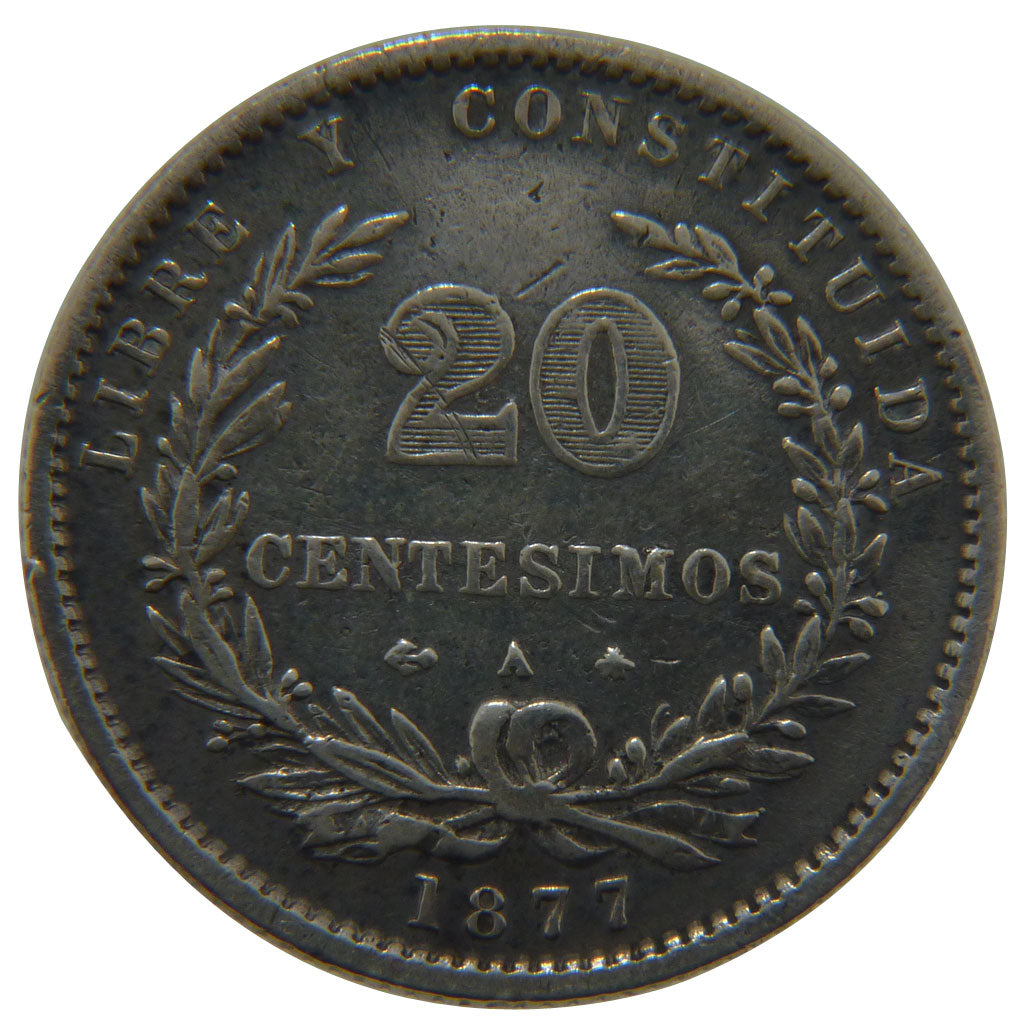URUGUAY, 20 Centesimos, 1877, Uruguay Mint, KM #15, EF(40-45), Silver, 4.90