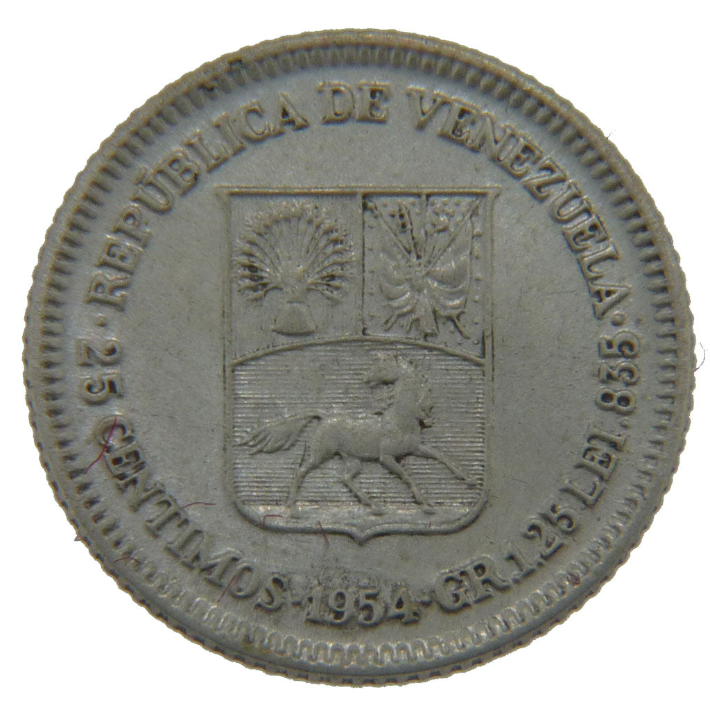 Venezuela, 25 Centimos, 1954, KM #35, AU(55-58), Silver, 16, 1.30