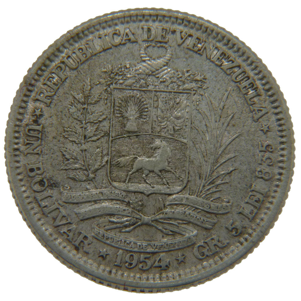 Venezuela, 1 Bolivar, 1954, KM #37, AU(55-58), Silver, 23, 5.00