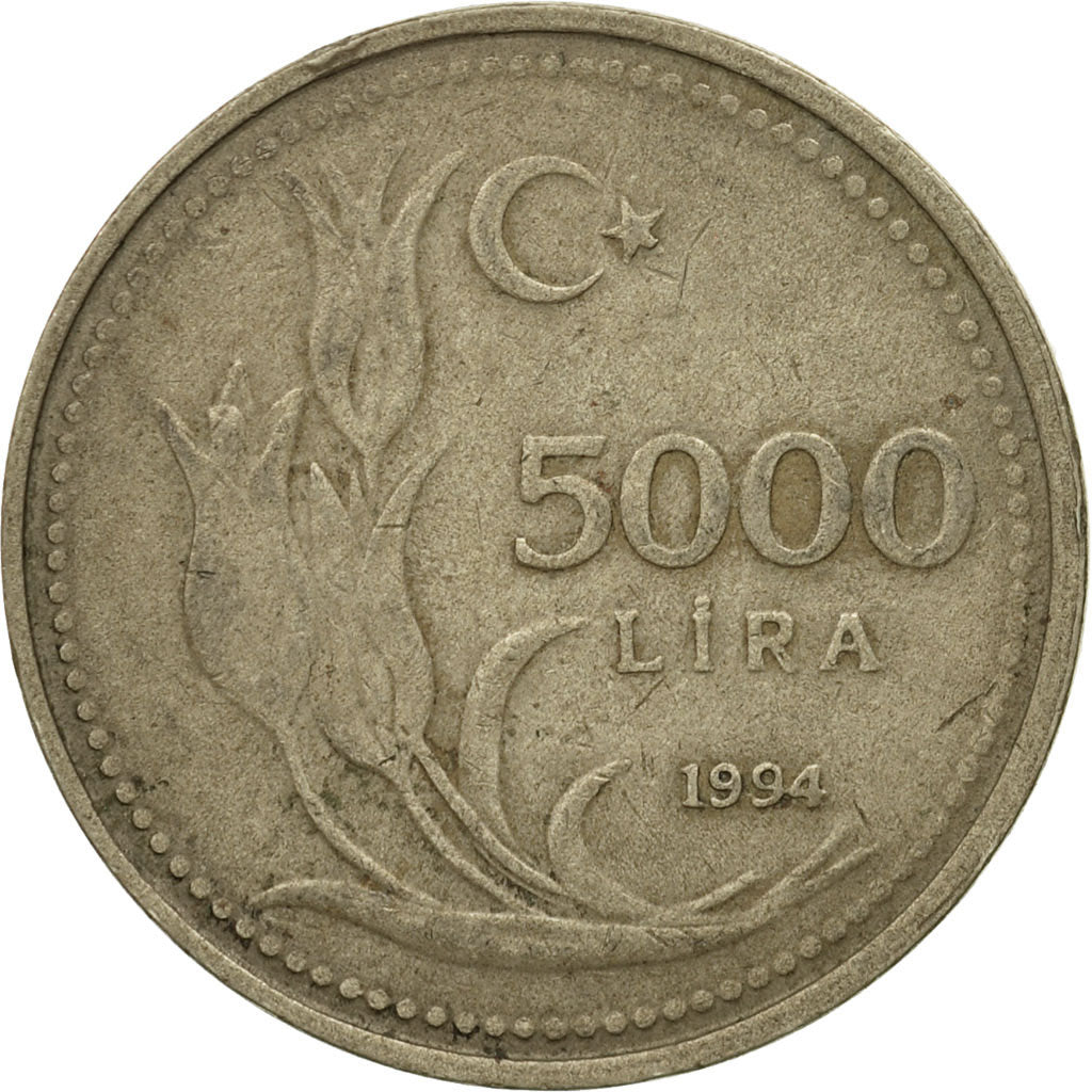 Turkey, 5000 Lira, 1994, VF(20-25), Nickel-Bronze, KM:1025