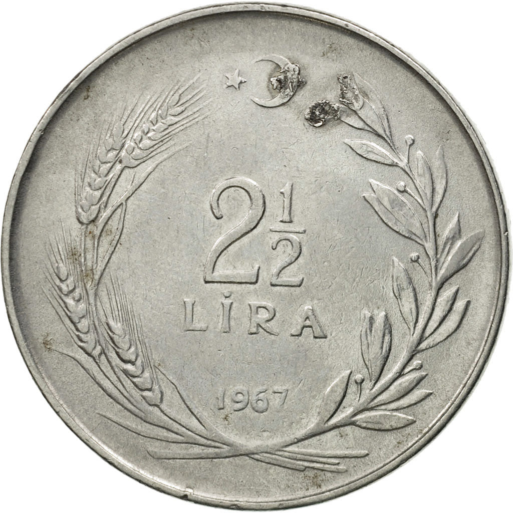 Turkey, 2-1/2 Lira, 1967, VF(20-25), Stainless Steel, KM:893.1