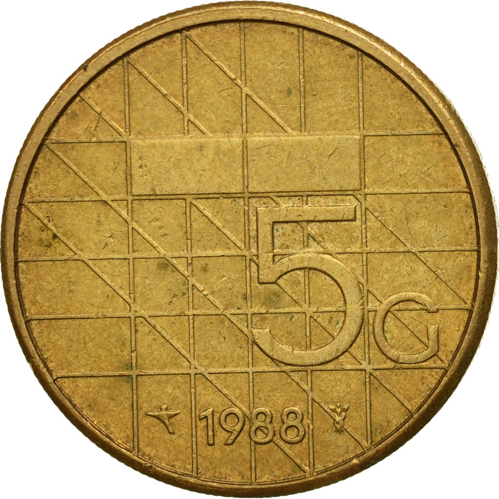 Netherlands, Beatrix, 5 Gulden, 1988, VF(30-35), Bronze Clad Nickel, KM:210