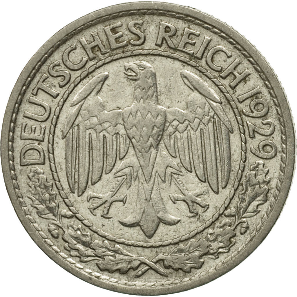 GERMANY, WEIMAR REPUBLIC, 50 Reichspfennig, 1929, Berlin, EF(40-45), Nickel