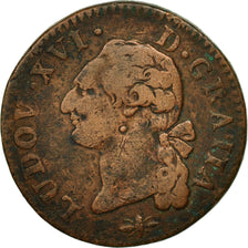 France, Louis XVI, Sol ou sou, Sol, 1791, Lyons, VF(20-25), Copper, KM:578.5
