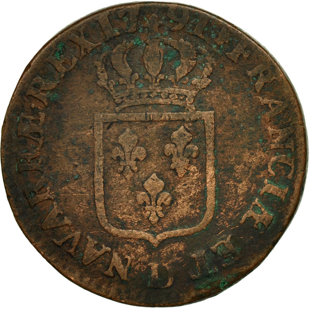 France, Louis XVI, Sol ou sou, Sol, 1791, Lyons, VF(20-25), Copper, KM:578.5