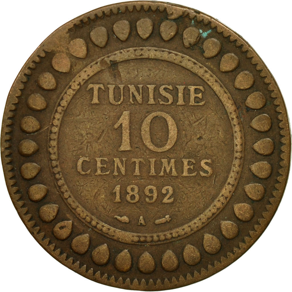 Tunisia, Ali Bey, 10 Centimes, 1892, Paris, EF(40-45), Bronze, KM:222