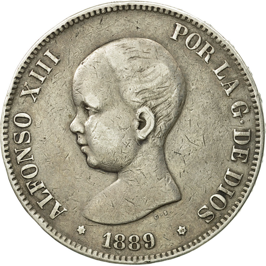 Spain, Alfonso XIII, 5 Pesetas, 1889, Madrid, EF(40-45), Silver, KM:689