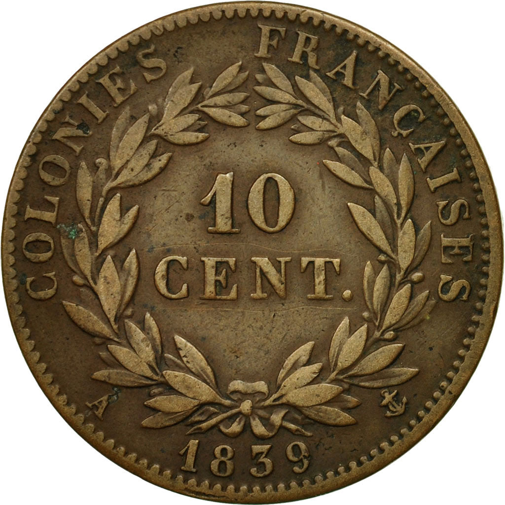 FRENCH COLONIES, Louis - Philippe, 10 Centimes, 1839, Paris, VF(30-35), Bronze