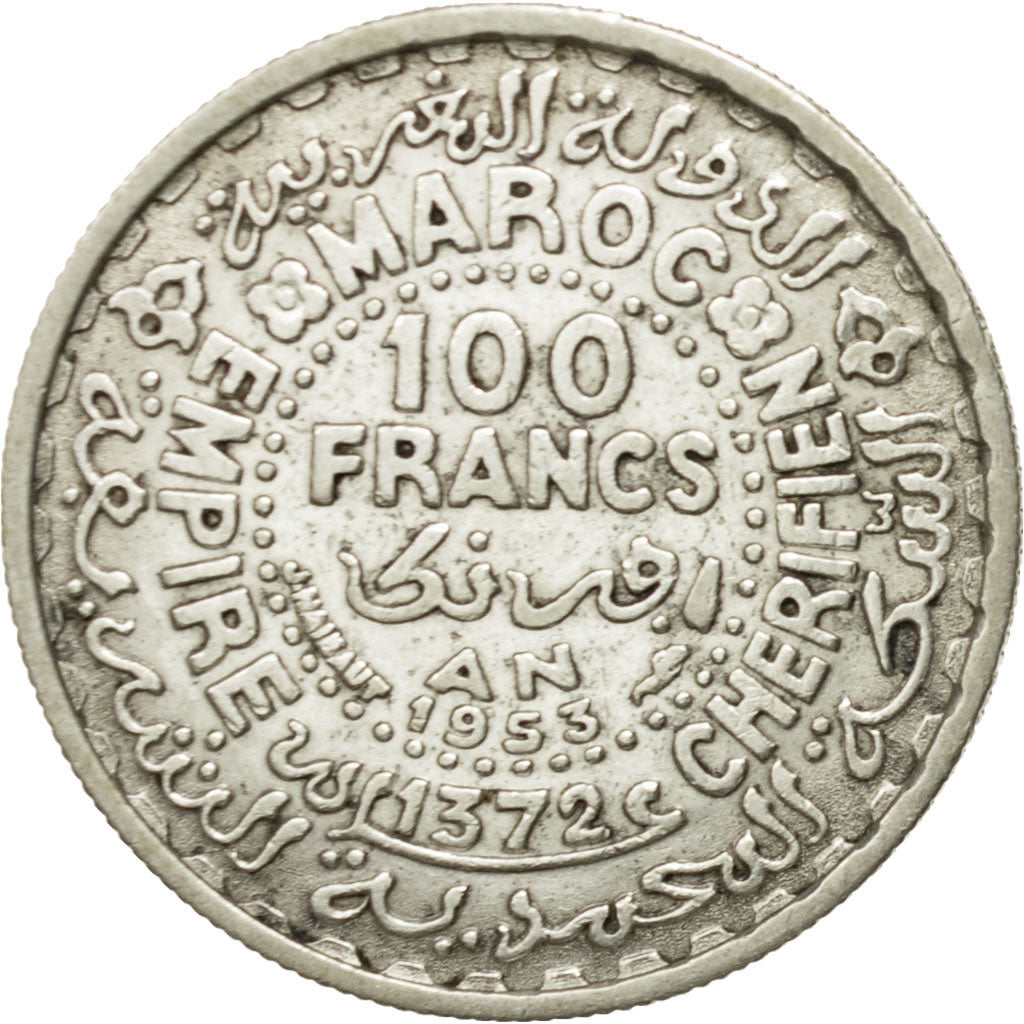 Morocco, Mohammed V, 100 Francs, 1953, Paris, EF(40-45), Silver, KM:52