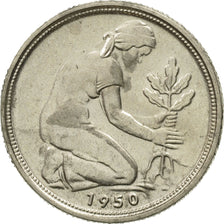 ALEMANIA - REPÚBLICA FEDERAL, 50 Pfennig, 1950, Karlsruhe, MBC+, Cobre -