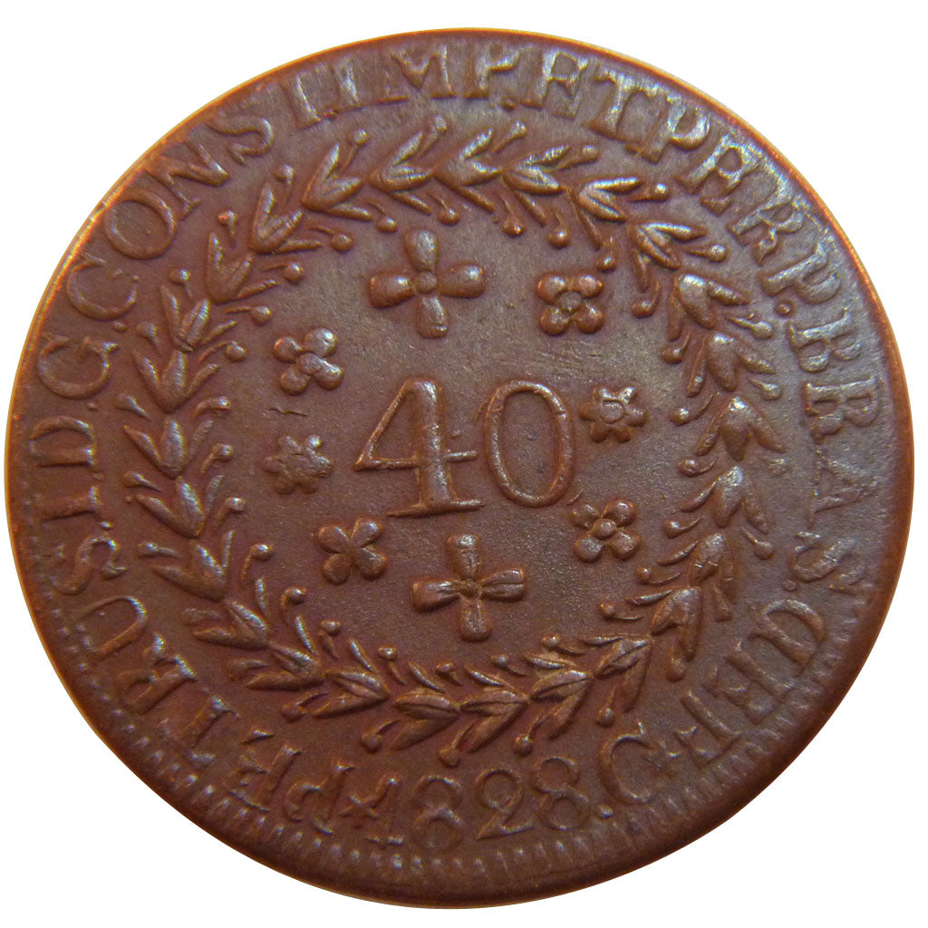 Brazil, 40 Reis, 1828, Cuiaba, KM #364.1, AU(50-53), Copper, 6.00