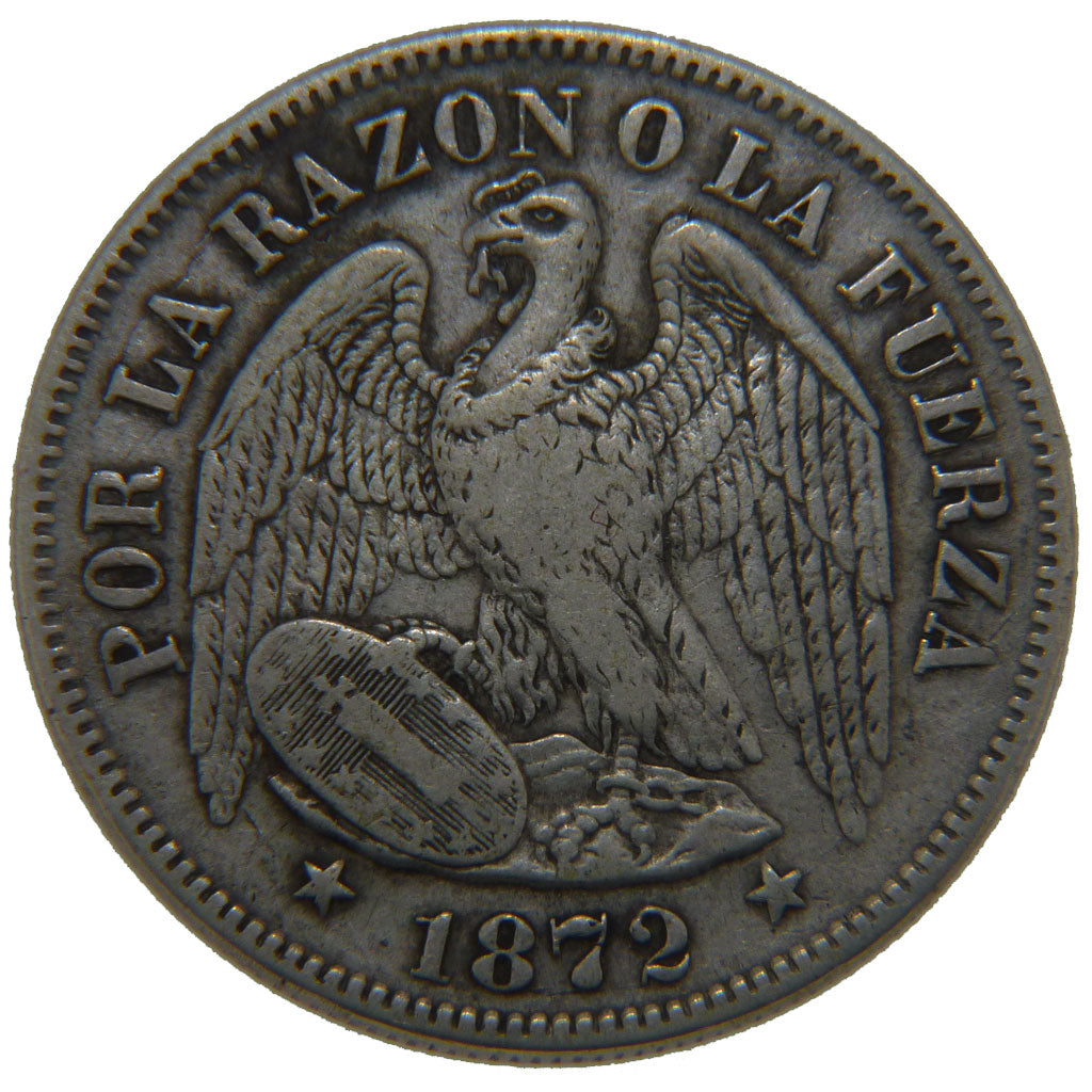 CHILE, 50 Centavos, 1872, KM #139, AU(50-53), Silver, 30, 12.00