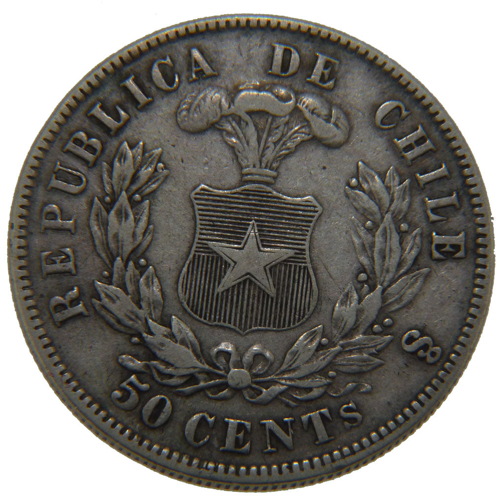 CHILE, 50 Centavos, 1872, KM #139, AU(50-53), Silver, 30, 12.00