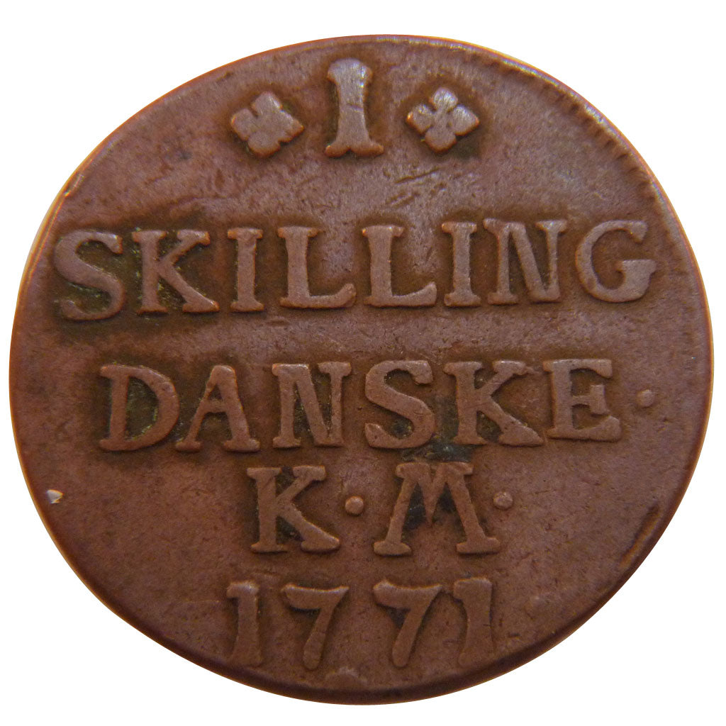 Danimarca, 1 Skilling, 1771, BB, Rame, KM:616