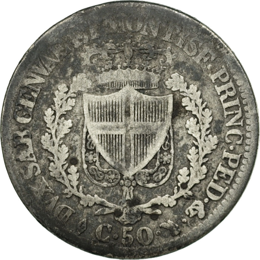 ITALIAN STATES, SARDINIA, Carlo Felice, 50 Centesimi, 1825, Torino, EF(40-45)