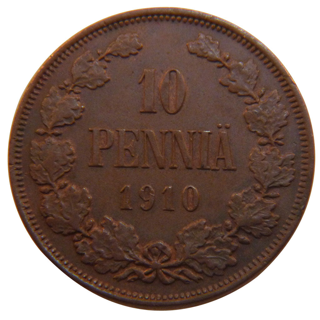 Finland, 10 Pennia, 1910, KM #14, AU(55-58), Bronze, 30, 13.00