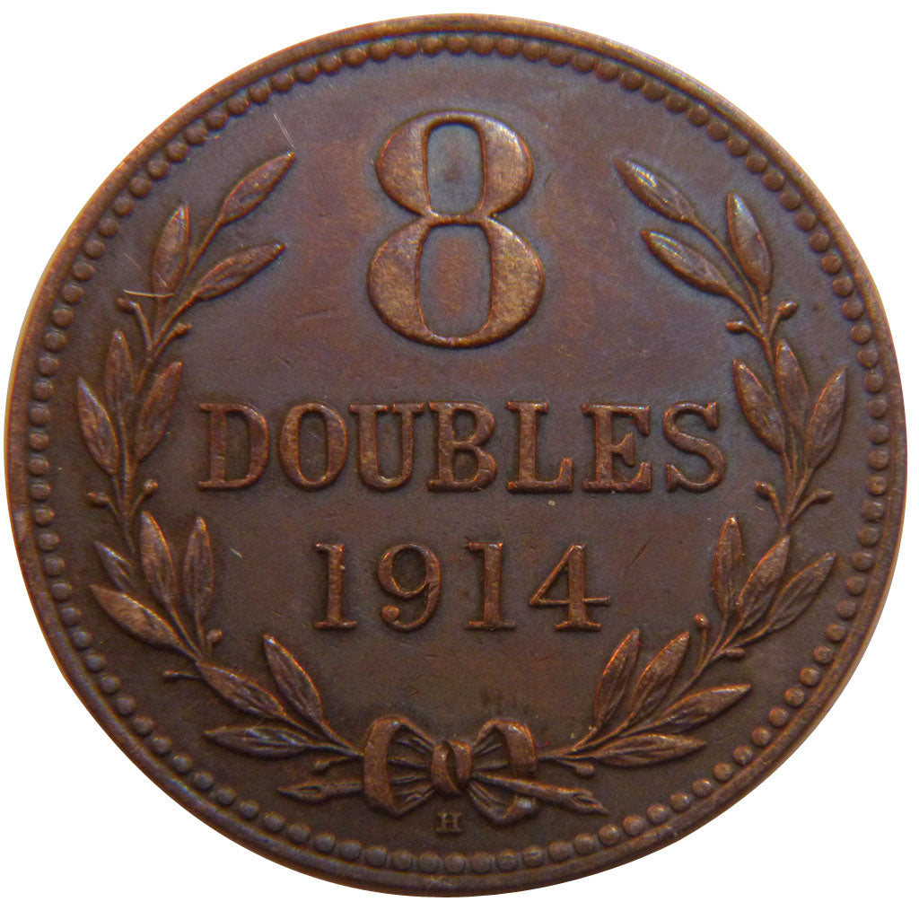 Guernsey, 8 Doubles, 1914, KM #7, EF(40-45), Copper, 9.50