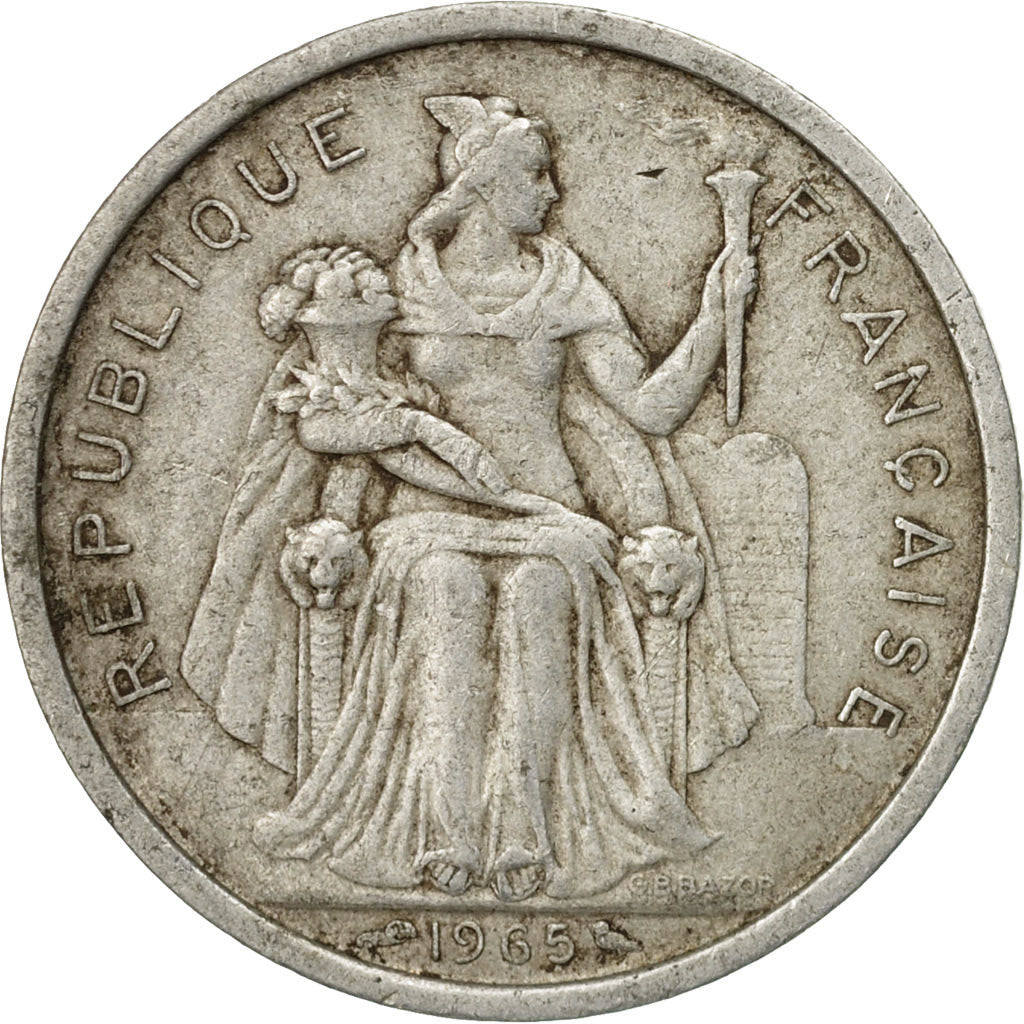 Moneta, Polinezja Francuska, 2 Francs, 1965, Paris, F(12-15), Aluminium, KM:3