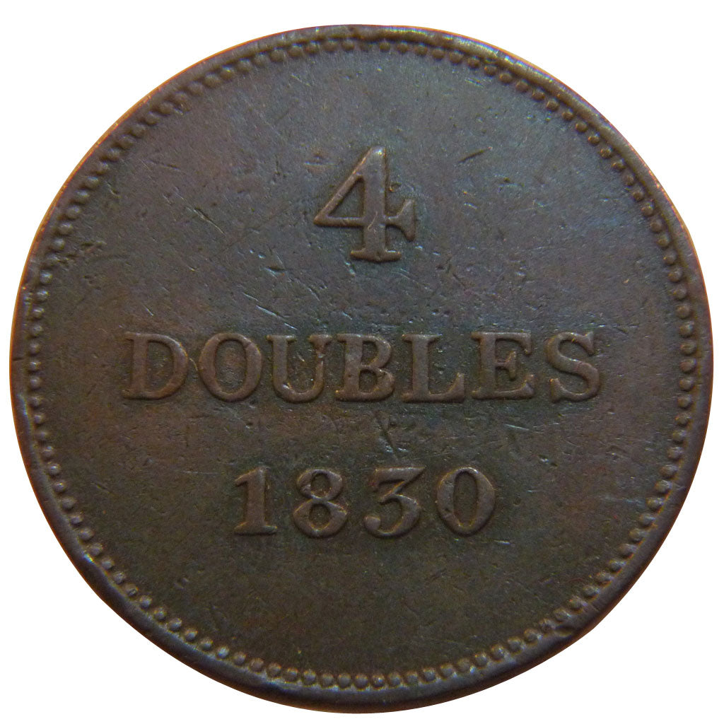 GUERNSEY, 4 Doubles, 1830, KM #2, EF(40-45), Copper, 9.50