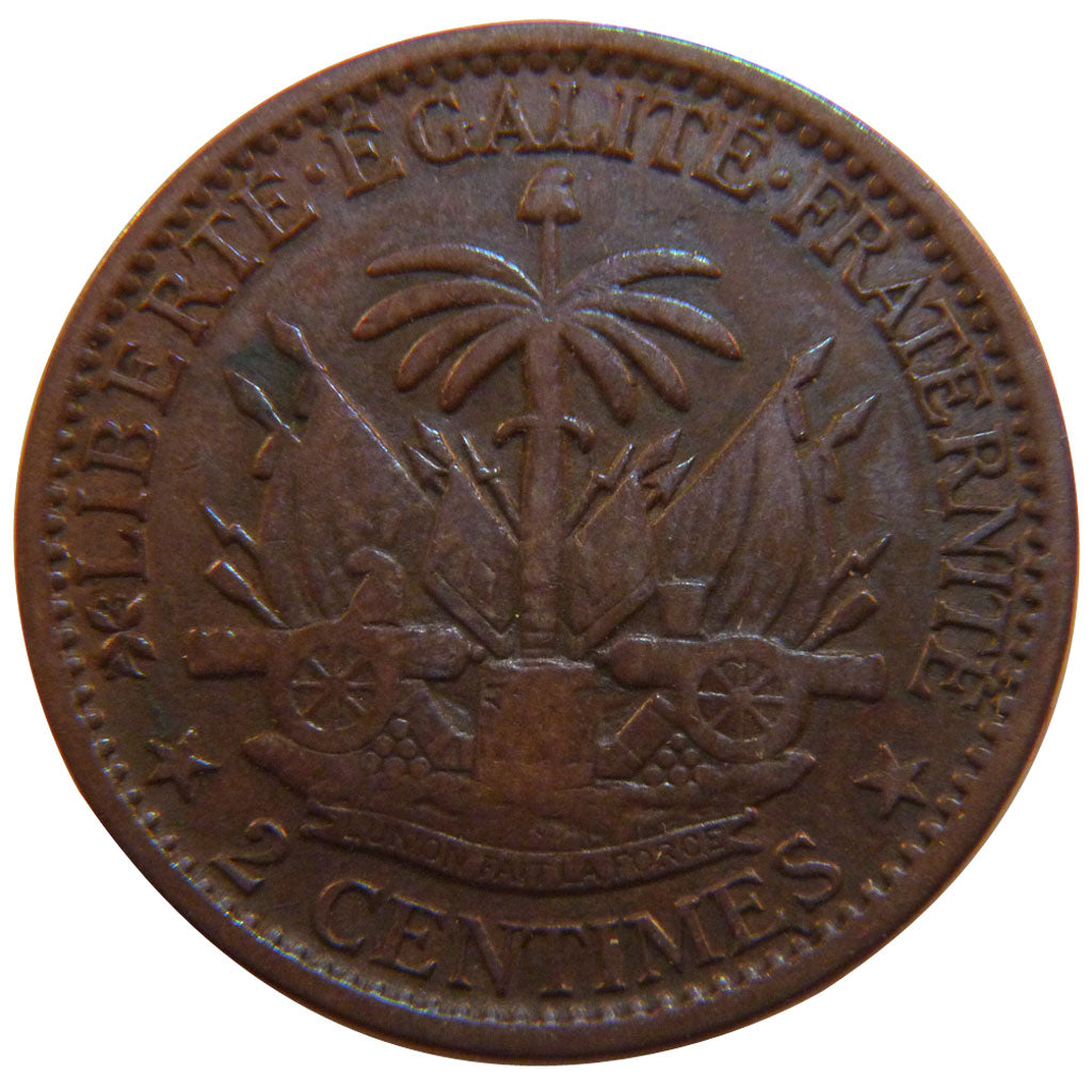 Haiti, 2 Centimes, 1881, KM #43, EF(40-45), Copper, 30, 9.50