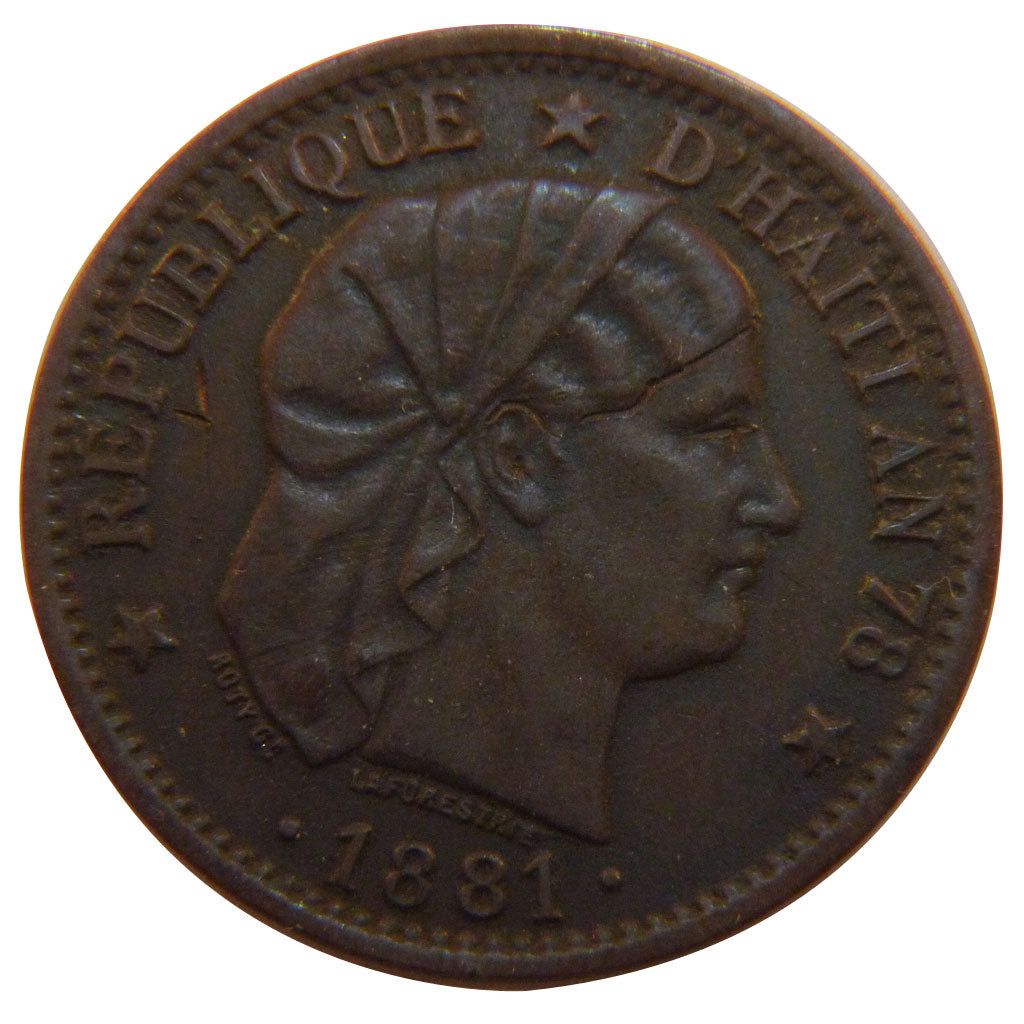 Haiti, 2 Centimes, 1881, KM #43, AU(50-53), Copper, 30, 10.00