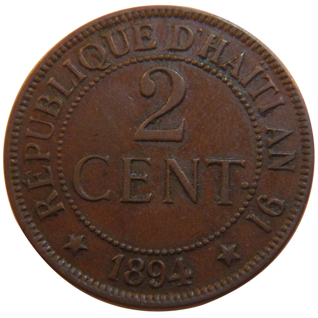 Haiti, 2 Centimes, 1894, Paris, KM #49, EF(40-45), Copper, 10.00