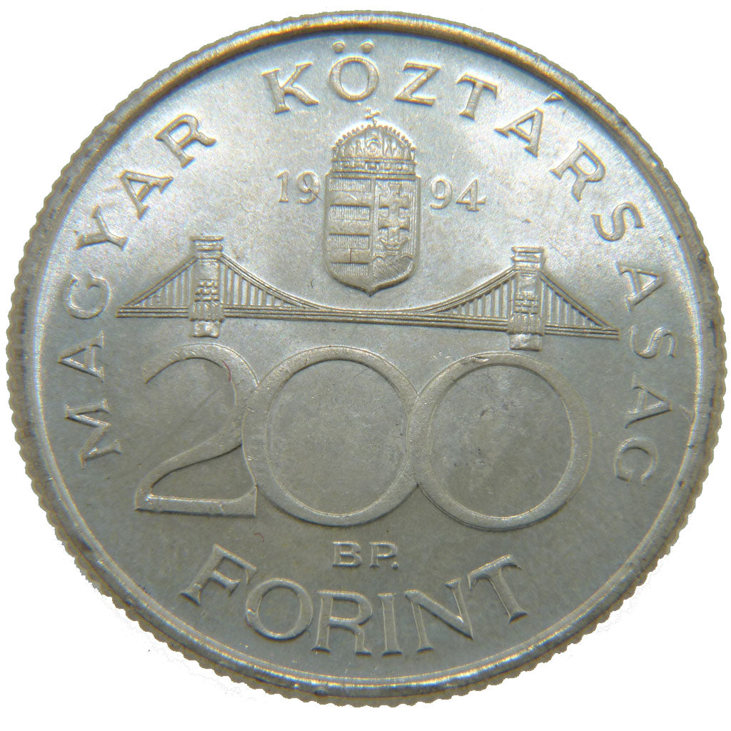 HUNGARY, 200 Forint, 1994, KM #707, MS(60-62), Silver, 12.00