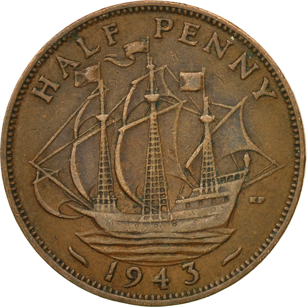 Coin, Great Britain, George VI, 1/2 Penny, 1943, AU(50-53), Bronze, KM:844