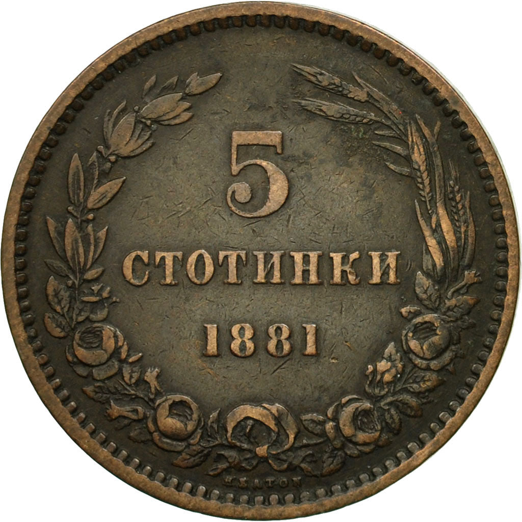 Coin, Bulgaria, Alexander  I, 5 Stotinki, 1881, AU(50-53), Bronze, KM:2
