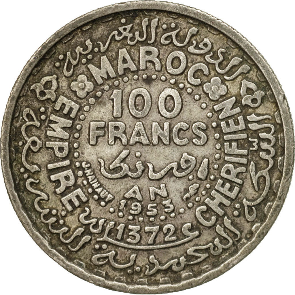 Coin, Morocco, Mohammed V, 100 Francs, 1953, Paris, EF(40-45), Silver, KM:52