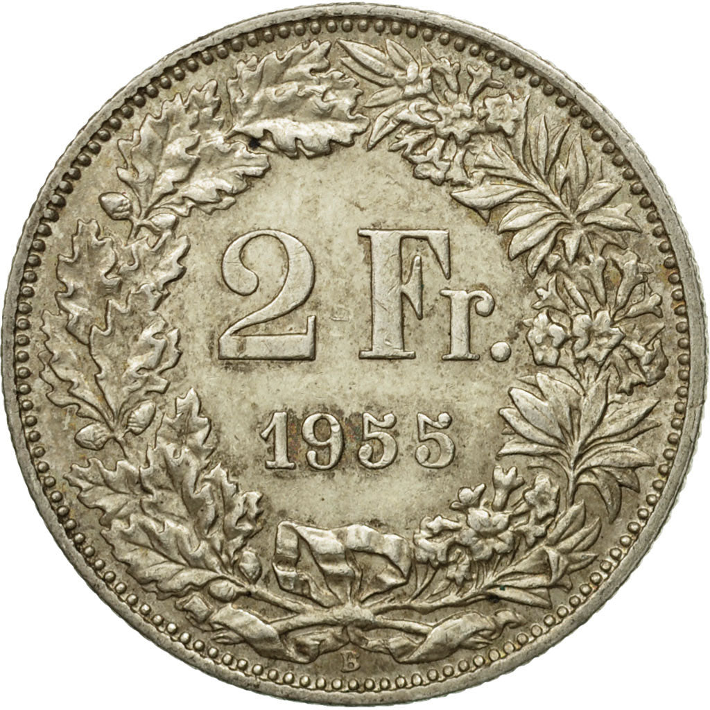 Coin, Switzerland, 2 Francs, 1955, Bern, AU(50-53), Silver, KM:21