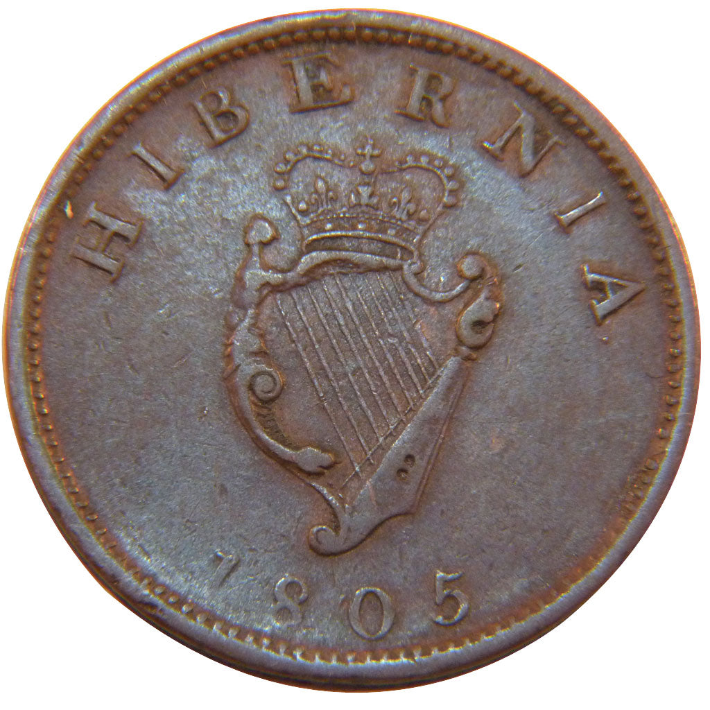 Ireland, 1/2 Penny, 1805, KM #19, EF(40-45), Bronze, 8.40