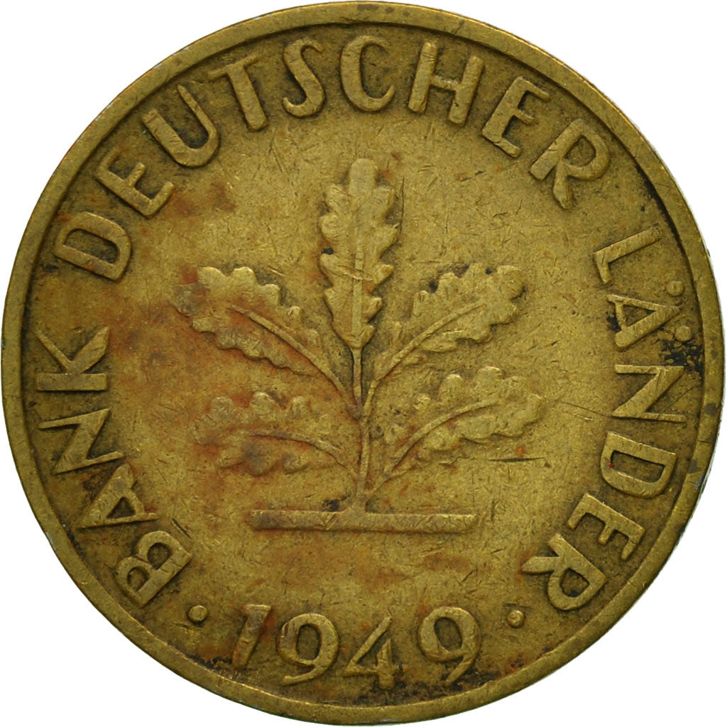 Coin, GERMANY - FEDERAL REPUBLIC, 10 Pfennig, 1949, Karlsruhe, VF(30-35), Brass