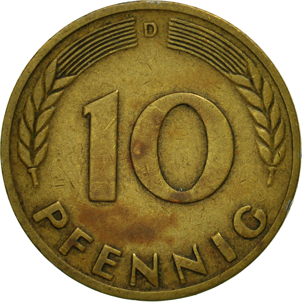 Coin, GERMANY - FEDERAL REPUBLIC, 10 Pfennig, 1949, Karlsruhe, VF(30-35), Brass