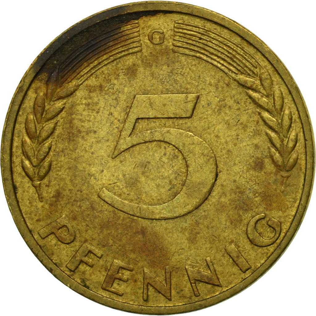 Moneda, ALEMANIA - REPÚBLICA FEDERAL, 5 Pfennig, 1950, Karlsruhe, BC+, Latón
