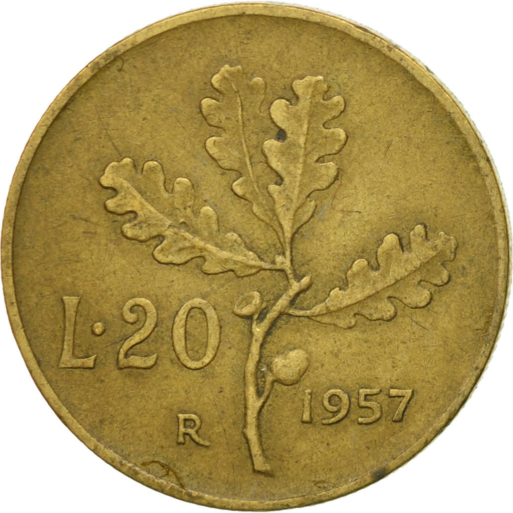 Coin, Italy, 20 Lire, 1957, Rome, VF(30-35), Aluminum-Bronze, KM:97.1