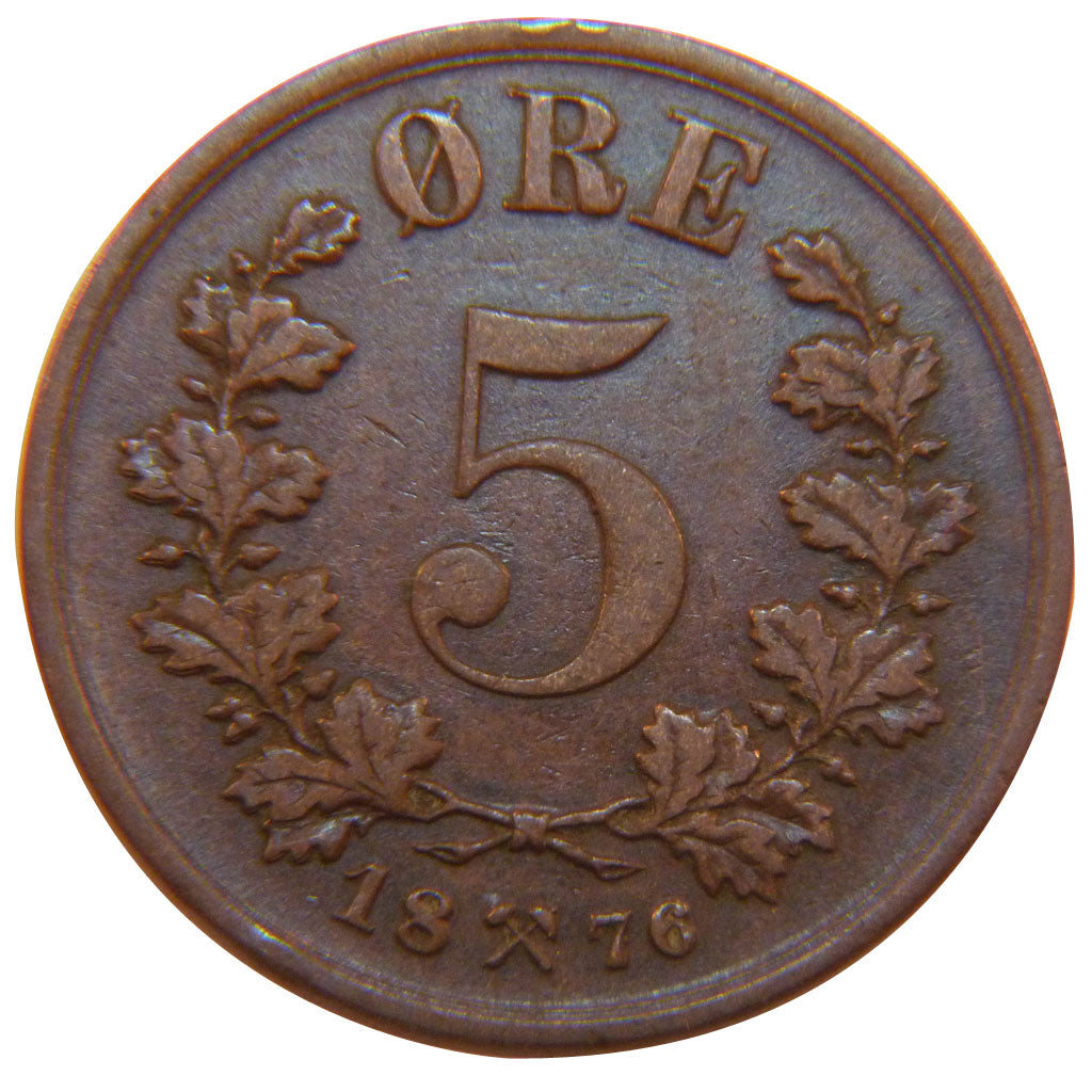 NORWAY, 5 Ore, 1876, KM #349, EF(40-45), Bronze, 27, 7.80