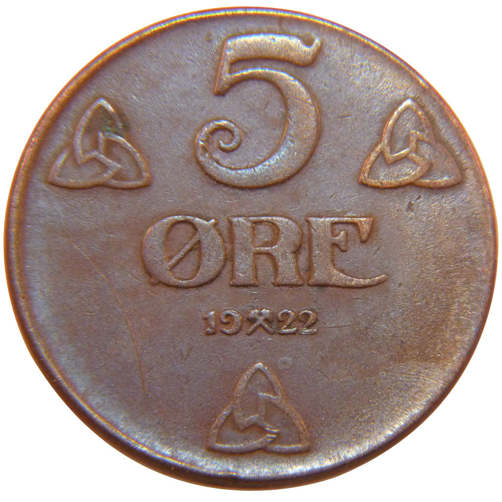 NORWAY, 5 Ore, 1922, Kongsberg, KM #368, EF(40-45), Bronze, 27, 8.00