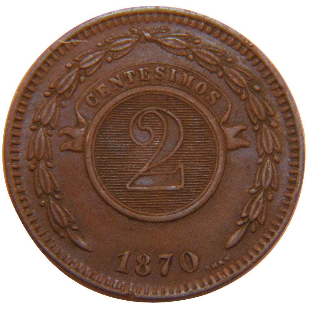 PARAGUAY, 2 Centesimos, 1870, KM #3, AU(50-53), Copper, 10.10