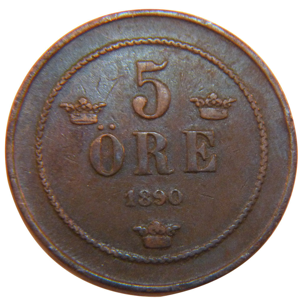 SWEDEN, 5 Ore, 1890, KM #757, EF(40-45), Bronze, 27, 7.90