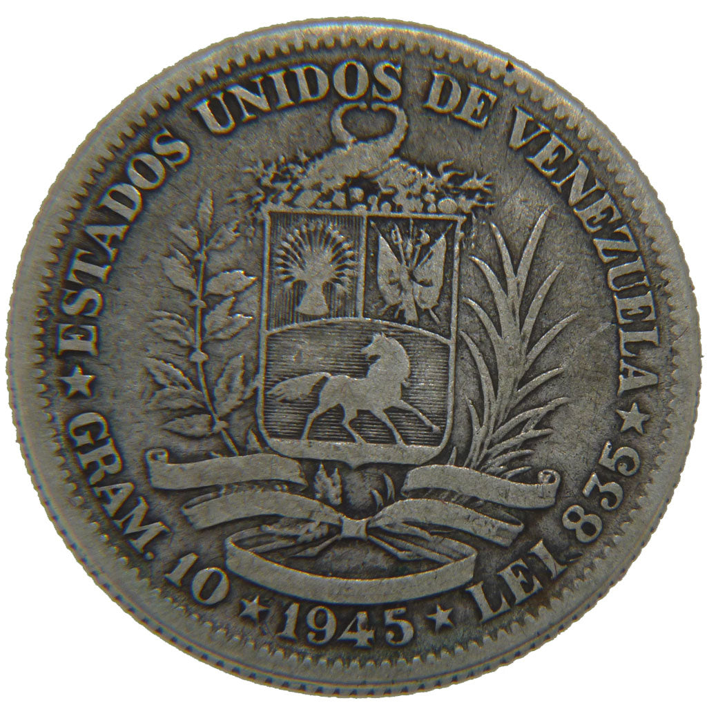 Venezuela, 2 Bolivares, 1945, KM #23a, VF(30-35), Silver, 27, 9.80