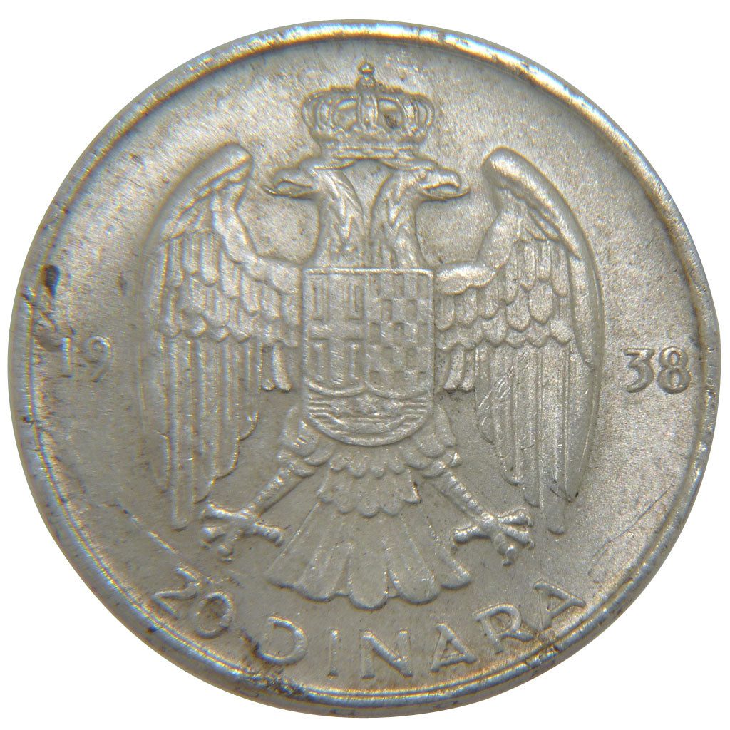 YUGOSLAVIA, 20 Dinara, 1938, KM #23, AU(55-58), Silver, 27, 9.00
