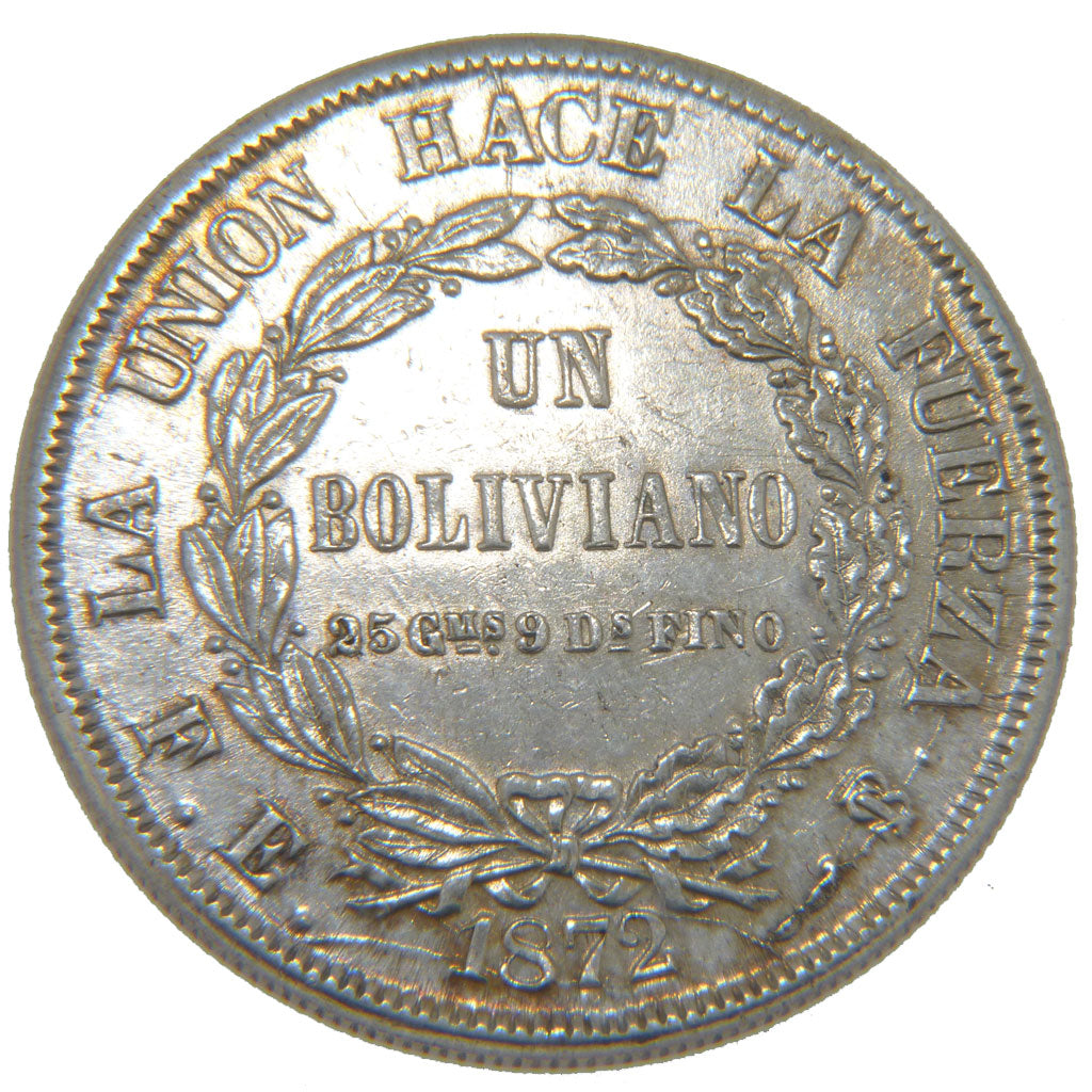 Bolivia, 1 Boliviano, 1872, KM #155.4, AU(55-58), Silver, 24.90