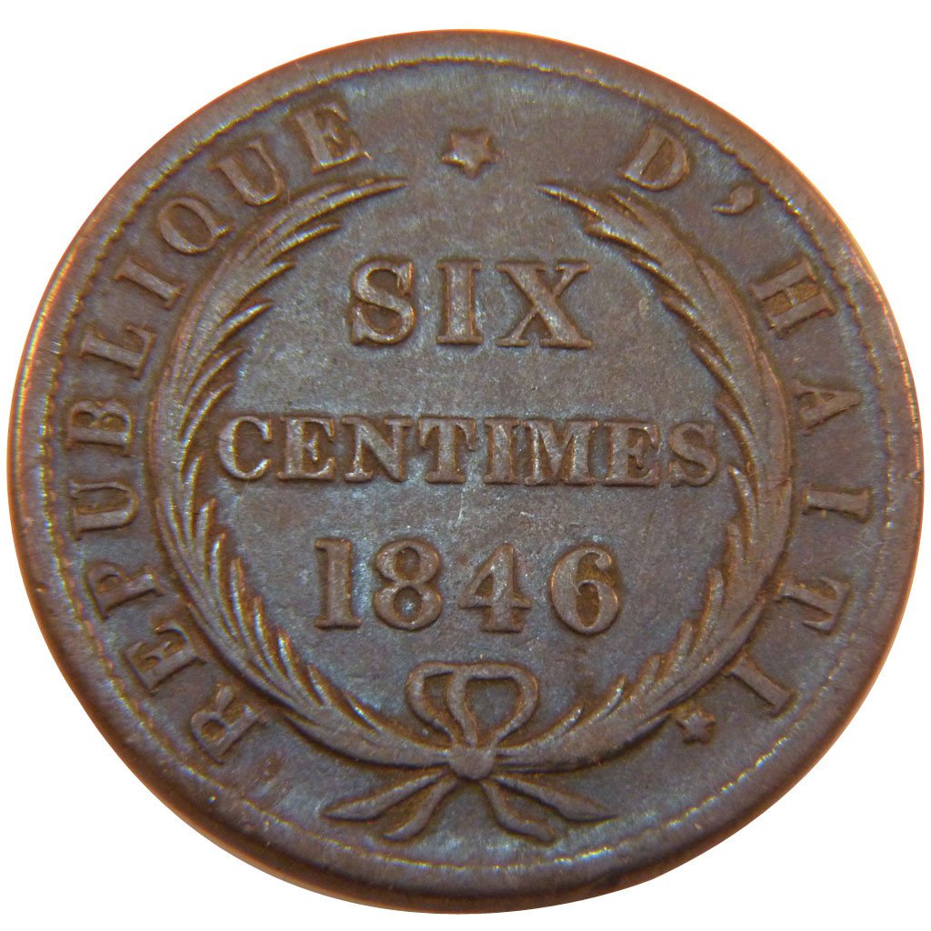 HAITI, 6 Centimes, 1846, KM #28, AU(50-53), Copper, 15.70