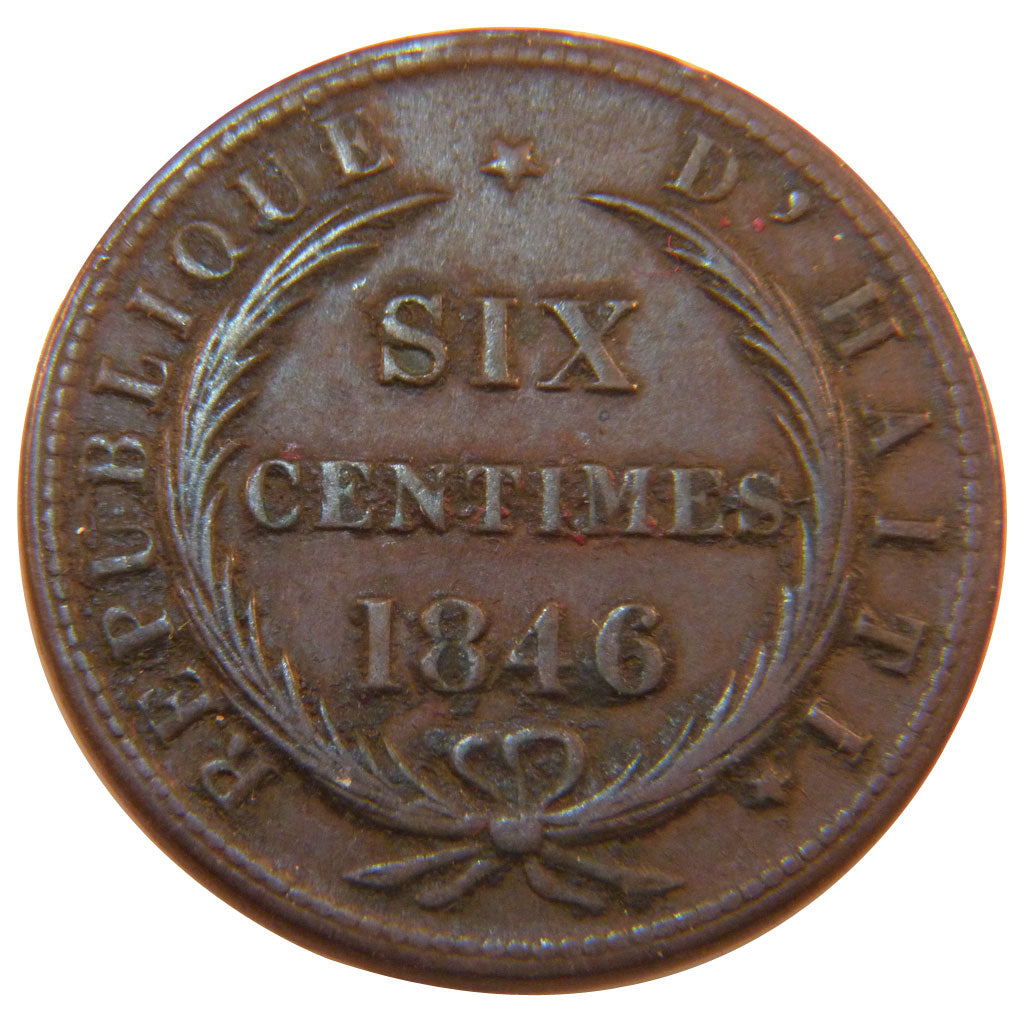 Haiti, 6 Centimes, 1846, KM #28, AU(50-53), Bronze, 15.50