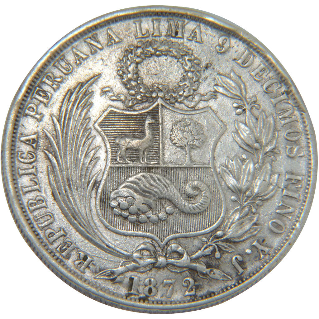 PERU, Sol, 1872, Lima, KM #196.3, AU(55-58), Silver, 24.90