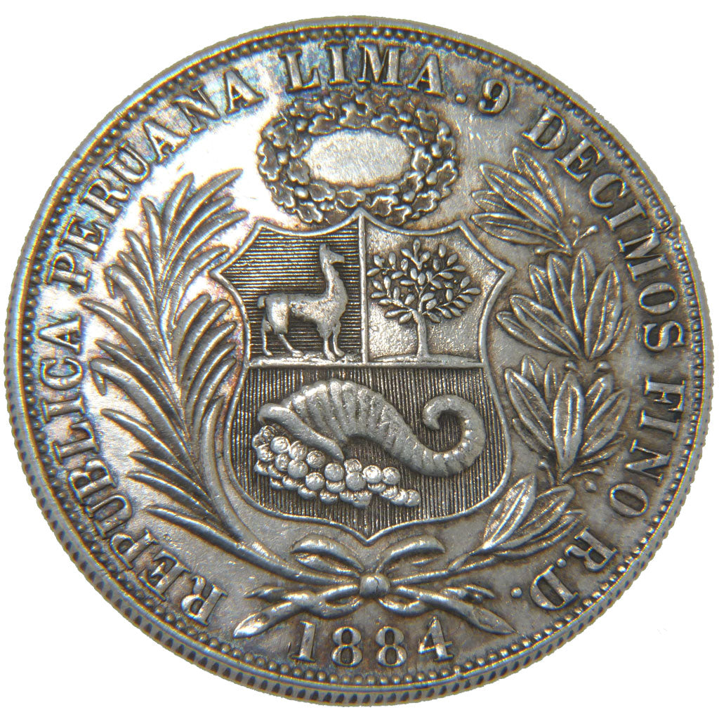 Peru, 1 Sol, 1884, Santiago, KM #196.19, AU(55-58), Silver, 24.90