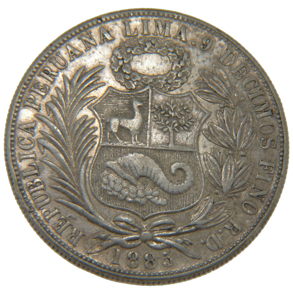 Peru, 1 Sol, 1885, Santiago, KM #196.22, AU(50-53), Silver, 24.80