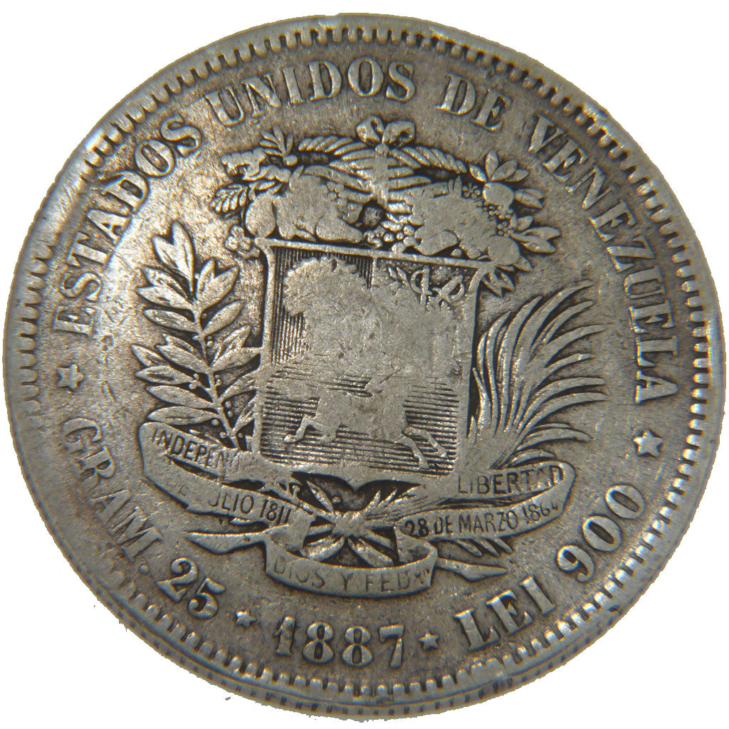 Venezuela, 5 Bolivares, 1887, KM #24.1, VF(20-25), Silver, 24.50